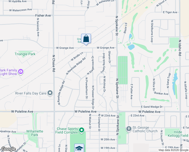 map of restaurants, bars, coffee shops, grocery stores, and more near 2604 North Pioneer Ridge Drive in Post Falls