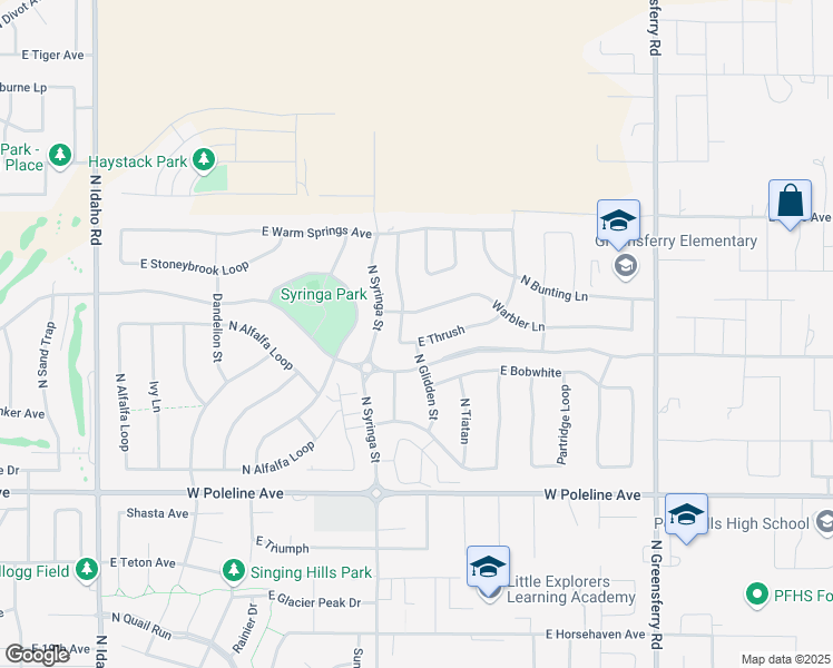 map of restaurants, bars, coffee shops, grocery stores, and more near 2835 Thrush Drive in Post Falls
