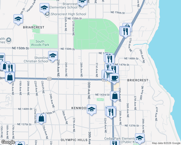 map of restaurants, bars, coffee shops, grocery stores, and more near 14522 30th Avenue Northeast in Shoreline