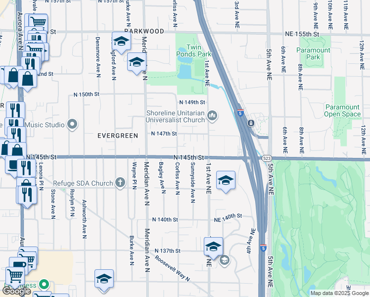 map of restaurants, bars, coffee shops, grocery stores, and more near 14600 Corliss Avenue North in Shoreline