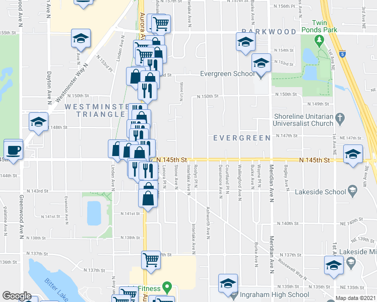 map of restaurants, bars, coffee shops, grocery stores, and more near 14517 Interlake Avenue North in Shoreline