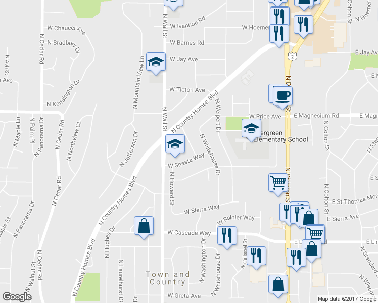 map of restaurants, bars, coffee shops, grocery stores, and more near 8421 North Stevens Drive in Spokane