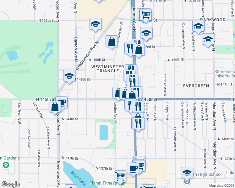 map of restaurants, bars, coffee shops, grocery stores, and more near 805 North 145th Lane in Shoreline