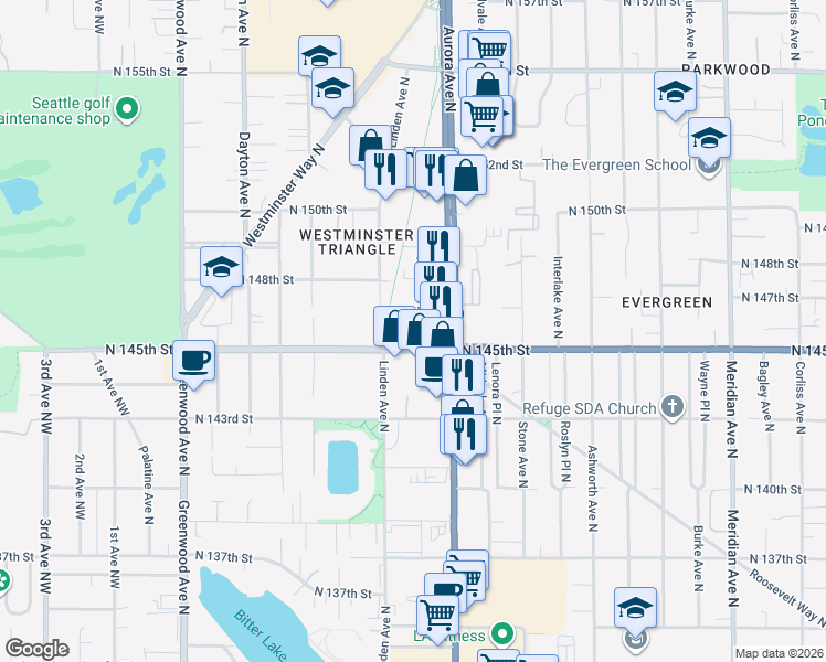 map of restaurants, bars, coffee shops, grocery stores, and more near 851 North 145th Lane in Shoreline