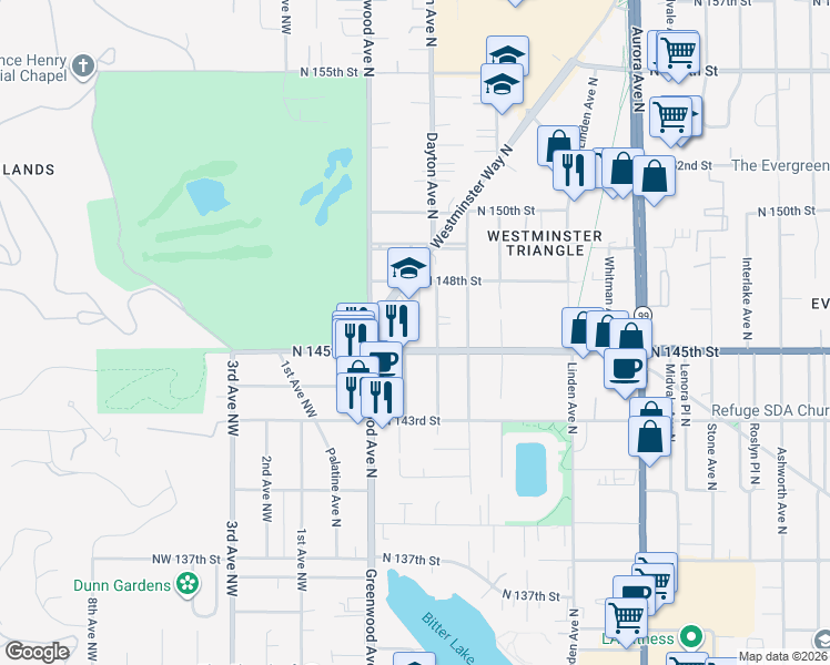 map of restaurants, bars, coffee shops, grocery stores, and more near 14520 Phinney Avenue North in Shoreline