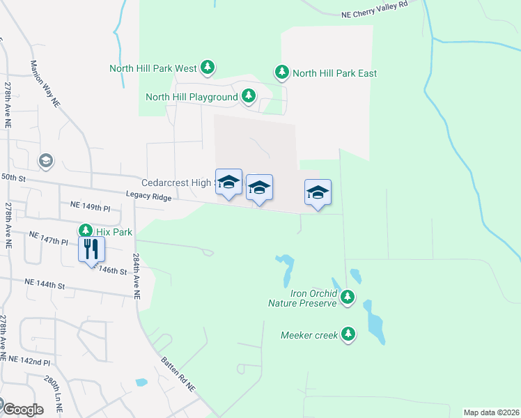map of restaurants, bars, coffee shops, grocery stores, and more near 29001 NE 150th St in Duvall