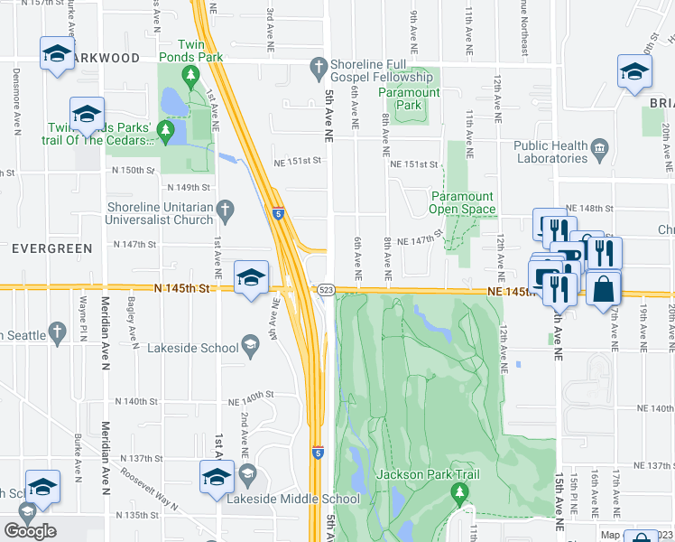 map of restaurants, bars, coffee shops, grocery stores, and more near 14518 5th Avenue Northeast in Shoreline