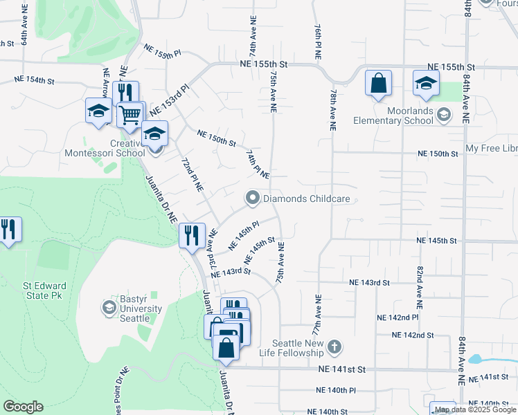 map of restaurants, bars, coffee shops, grocery stores, and more near 7451 Northeast 146th Street in Kenmore