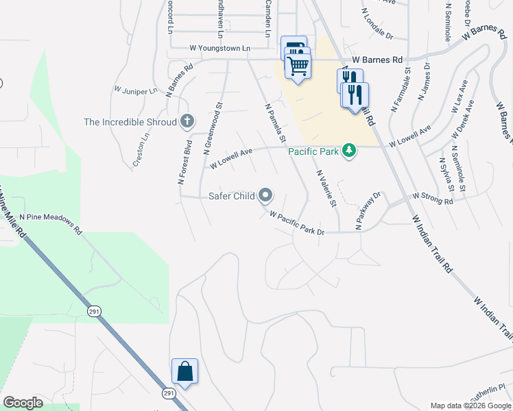 map of restaurants, bars, coffee shops, grocery stores, and more near 5426 West Pacific Park Drive in Spokane