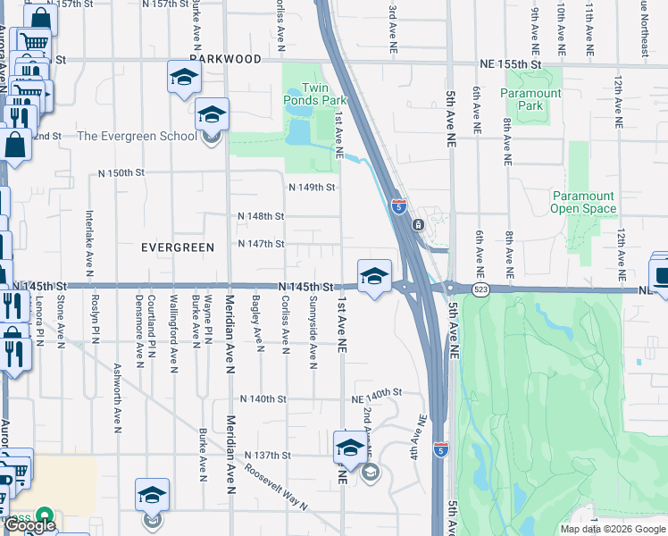 map of restaurants, bars, coffee shops, grocery stores, and more near 2456 North 145th Street in Shoreline