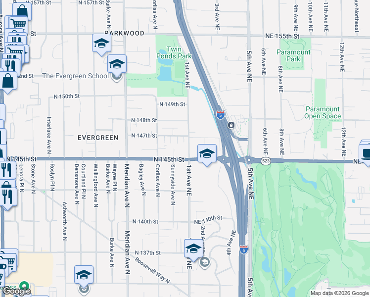 map of restaurants, bars, coffee shops, grocery stores, and more near 14517 1st Avenue Northeast in Shoreline