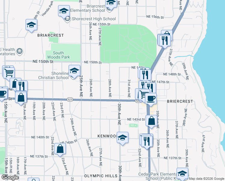 map of restaurants, bars, coffee shops, grocery stores, and more near 14521 28th Avenue Northeast in Shoreline