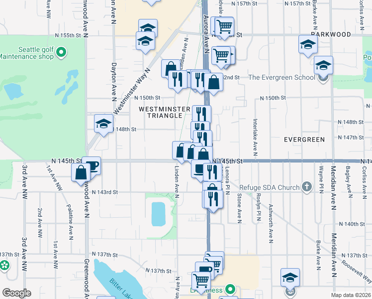 map of restaurants, bars, coffee shops, grocery stores, and more near 805 North 145th Lane in Shoreline