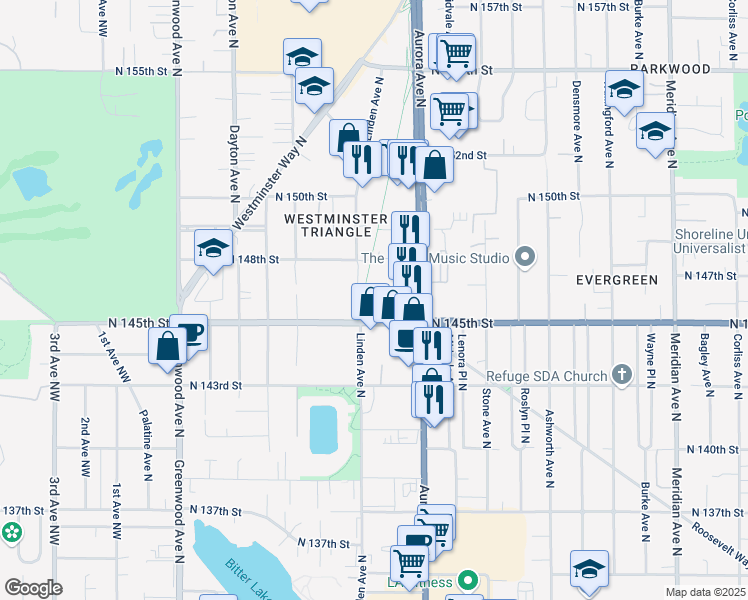 map of restaurants, bars, coffee shops, grocery stores, and more near 805 North 145th Lane in Shoreline