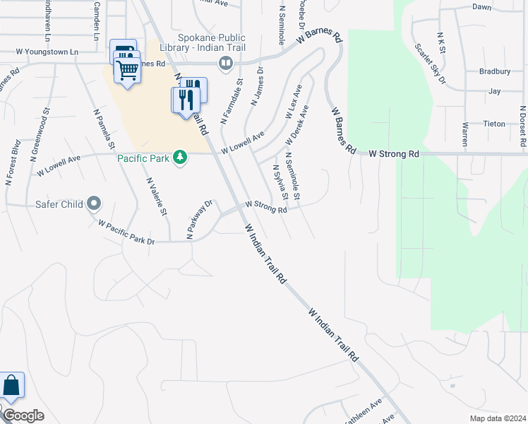 map of restaurants, bars, coffee shops, grocery stores, and more near 8444 North Farmdale Court in Spokane