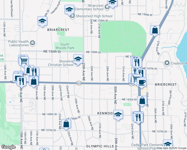 map of restaurants, bars, coffee shops, grocery stores, and more near 14527 26th Avenue Northeast in Shoreline