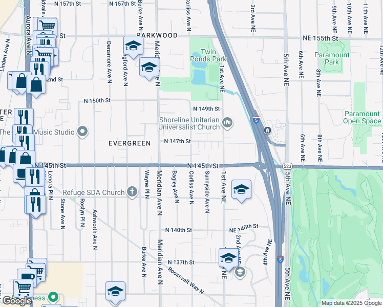 map of restaurants, bars, coffee shops, grocery stores, and more near 14600 Corliss Avenue North in Shoreline
