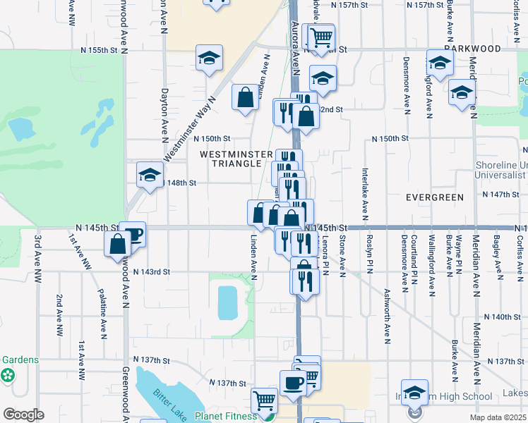 map of restaurants, bars, coffee shops, grocery stores, and more near 805 North 145th Lane in Shoreline