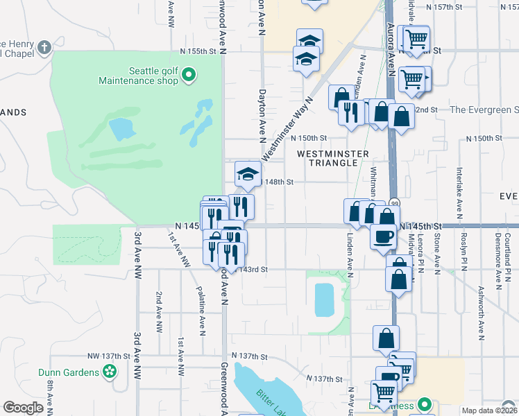 map of restaurants, bars, coffee shops, grocery stores, and more near 14531 Dayton Avenue North in Shoreline