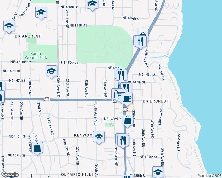 map of restaurants, bars, coffee shops, grocery stores, and more near 14539 32nd Avenue Northeast in Shoreline