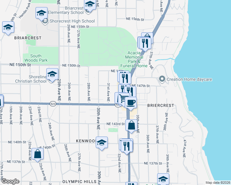 map of restaurants, bars, coffee shops, grocery stores, and more near 14522 32nd Avenue Northeast in Shoreline