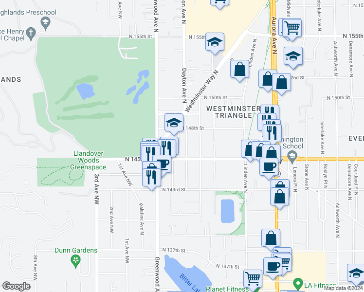 map of restaurants, bars, coffee shops, grocery stores, and more near 14515 Dayton Avenue North in Shoreline