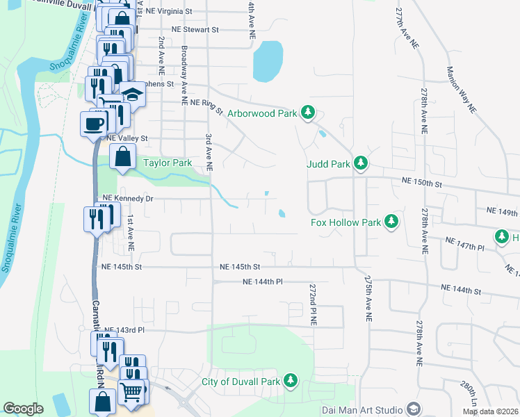 map of restaurants, bars, coffee shops, grocery stores, and more near 14802 4th Place Northeast in Duvall