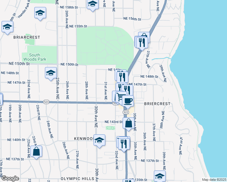 map of restaurants, bars, coffee shops, grocery stores, and more near 14539 32nd Avenue Northeast in Shoreline