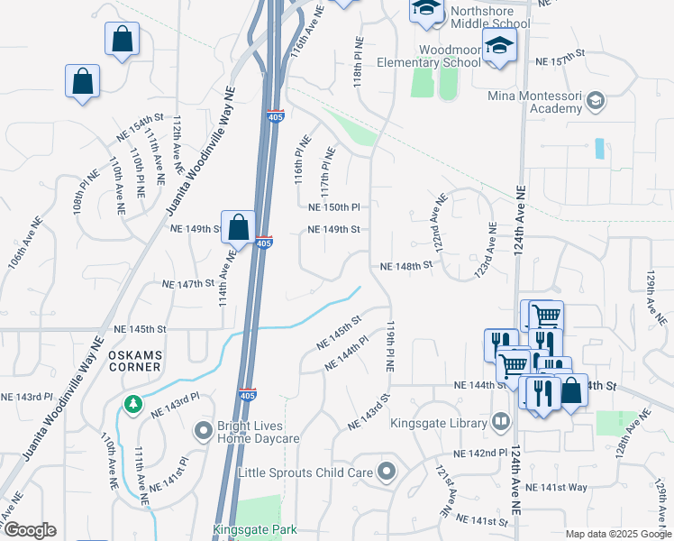 map of restaurants, bars, coffee shops, grocery stores, and more near 11722 Northeast 148th Place in Kirkland