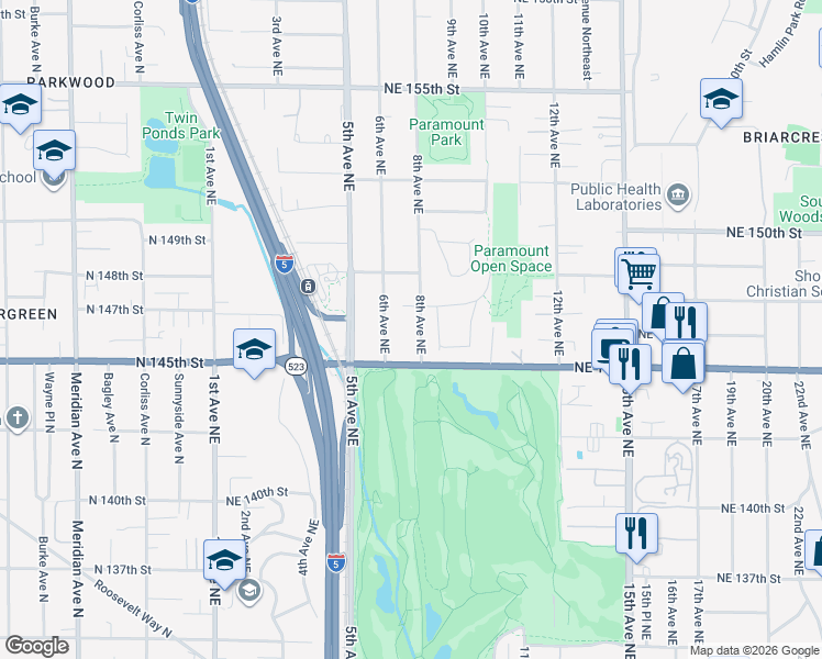 map of restaurants, bars, coffee shops, grocery stores, and more near 14605 9th Avenue Northeast in Shoreline