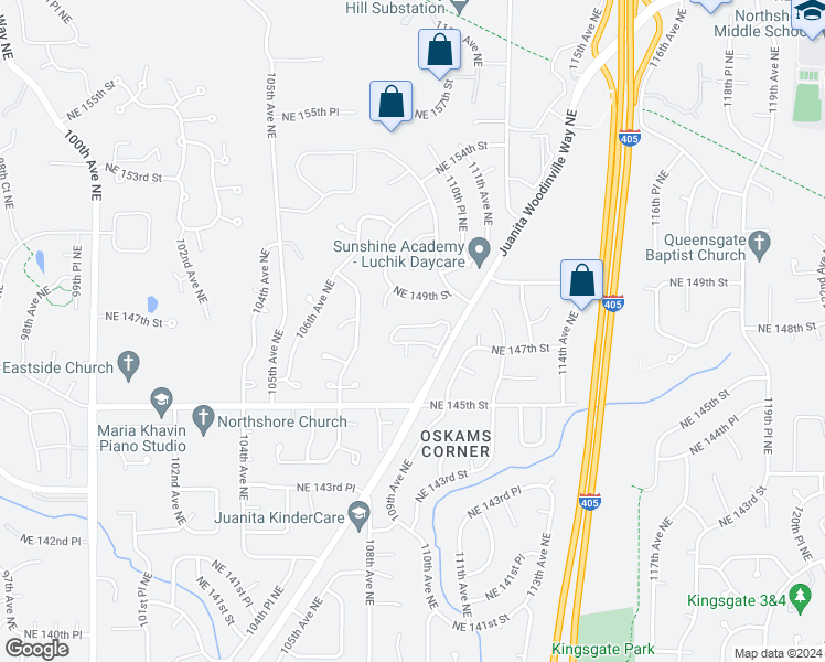 map of restaurants, bars, coffee shops, grocery stores, and more near 10821 Northeast 147th Lane in Bothell