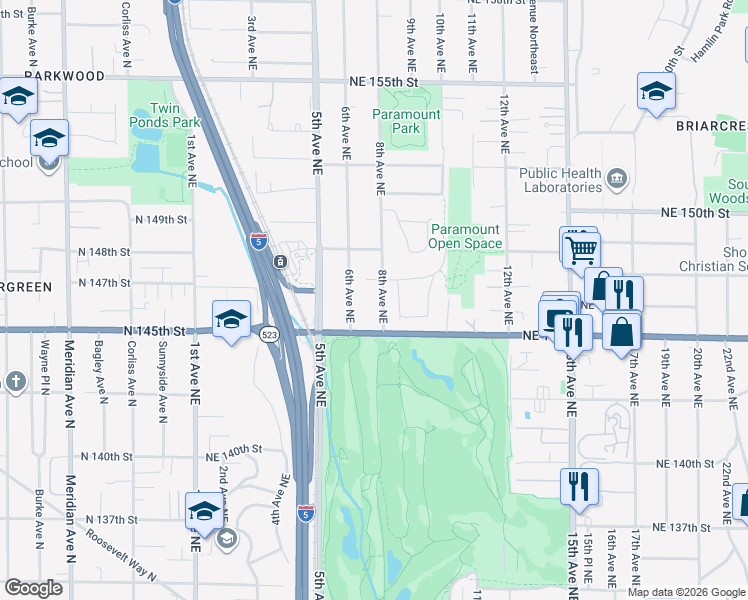 map of restaurants, bars, coffee shops, grocery stores, and more near 14605 9th Avenue Northeast in Shoreline