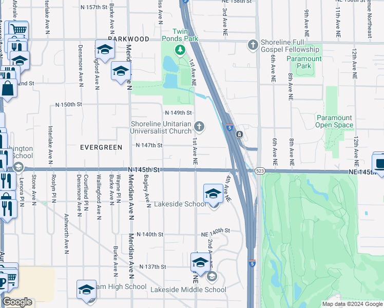 map of restaurants, bars, coffee shops, grocery stores, and more near 2348 North 145th Street in Shoreline