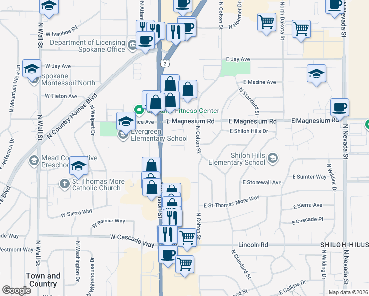 map of restaurants, bars, coffee shops, grocery stores, and more near 8330 North Division Street in Spokane