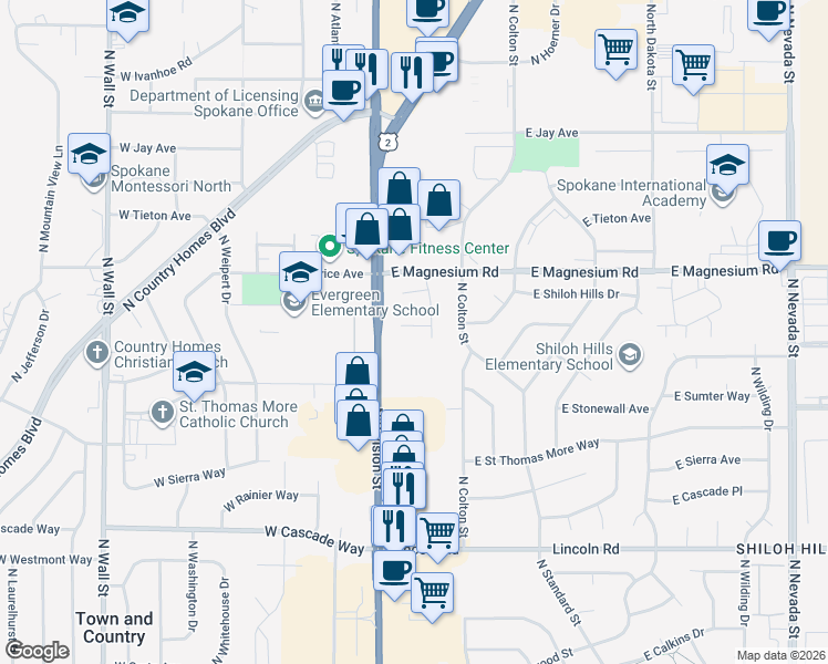 map of restaurants, bars, coffee shops, grocery stores, and more near 8330 North Division Street in Spokane