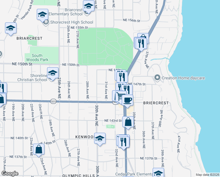 map of restaurants, bars, coffee shops, grocery stores, and more near 14522 31st Avenue Northeast in Shoreline