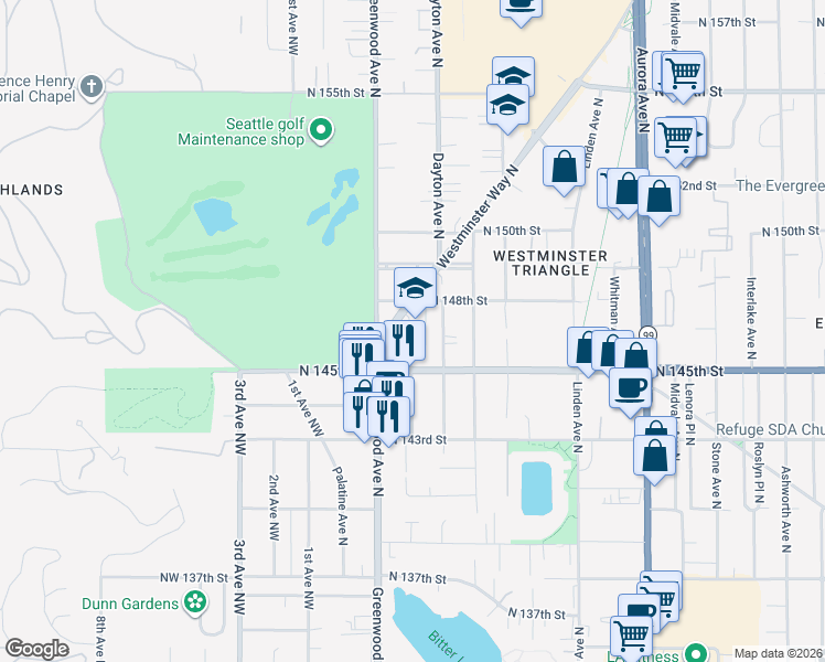 map of restaurants, bars, coffee shops, grocery stores, and more near 14598 Westminster Way North in Shoreline
