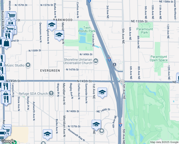 map of restaurants, bars, coffee shops, grocery stores, and more near 2348 North 145th Street in Shoreline