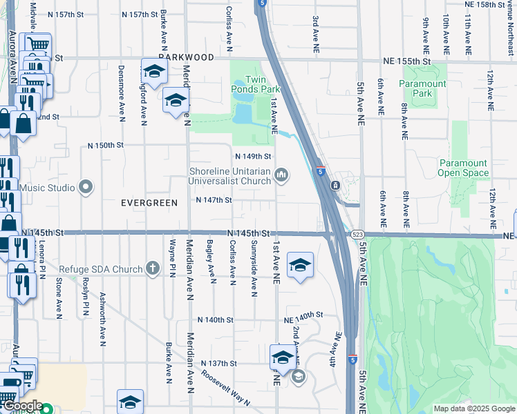 map of restaurants, bars, coffee shops, grocery stores, and more near 2348 North 145th Street in Shoreline