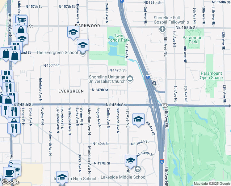 map of restaurants, bars, coffee shops, grocery stores, and more near 14600 Corliss Avenue North in Shoreline