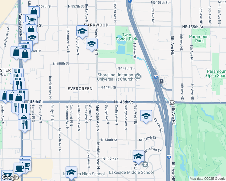 map of restaurants, bars, coffee shops, grocery stores, and more near 2139 North 146th Street in Shoreline