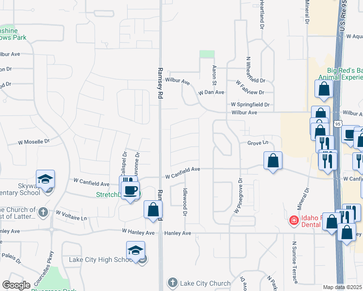 map of restaurants, bars, coffee shops, grocery stores, and more near 1483 West Ashmont Way in Coeur d'Alene