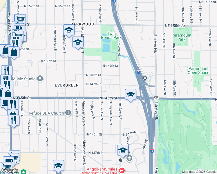 map of restaurants, bars, coffee shops, grocery stores, and more near 14600 Corliss Avenue North in Shoreline
