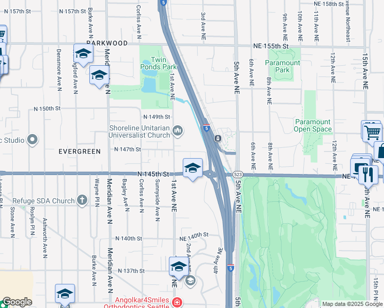 map of restaurants, bars, coffee shops, grocery stores, and more near 132 Northeast 145th Street in Shoreline