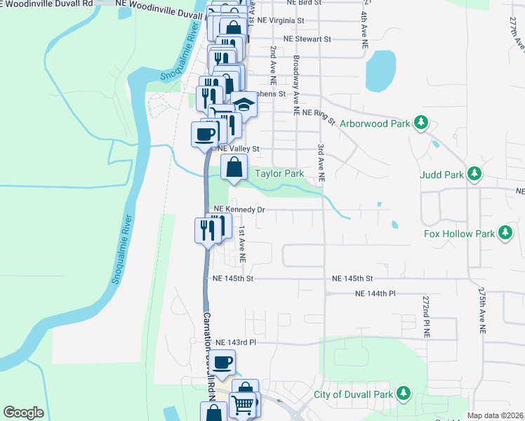 map of restaurants, bars, coffee shops, grocery stores, and more near 26428 Northeast Kennedy Drive in Duvall