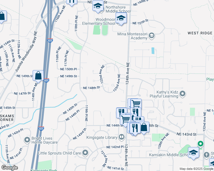 map of restaurants, bars, coffee shops, grocery stores, and more near 12213 Northeast 148th Court in Kirkland