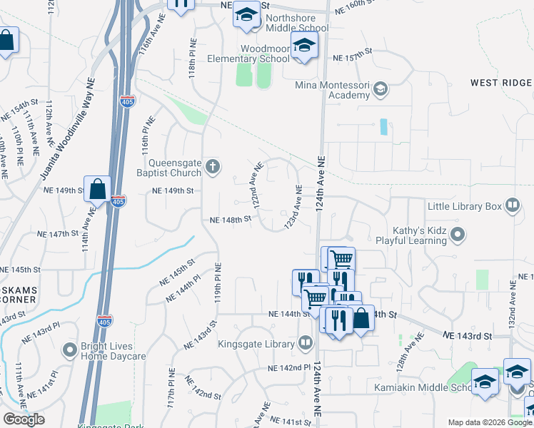 map of restaurants, bars, coffee shops, grocery stores, and more near 12208 Northeast 147th Place in Kirkland