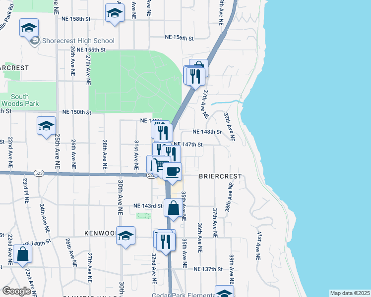 map of restaurants, bars, coffee shops, grocery stores, and more near 3517 Northeast 148th Street in Lake Forest Park