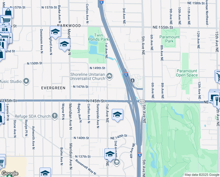 map of restaurants, bars, coffee shops, grocery stores, and more near 14724 1st Avenue Northeast in Shoreline
