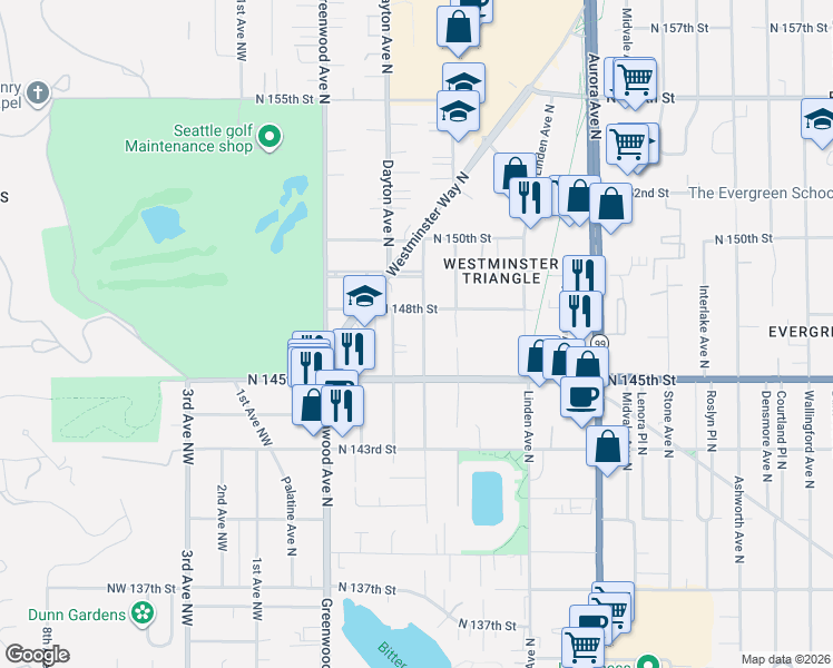 map of restaurants, bars, coffee shops, grocery stores, and more near 516 North 148th Street in Shoreline